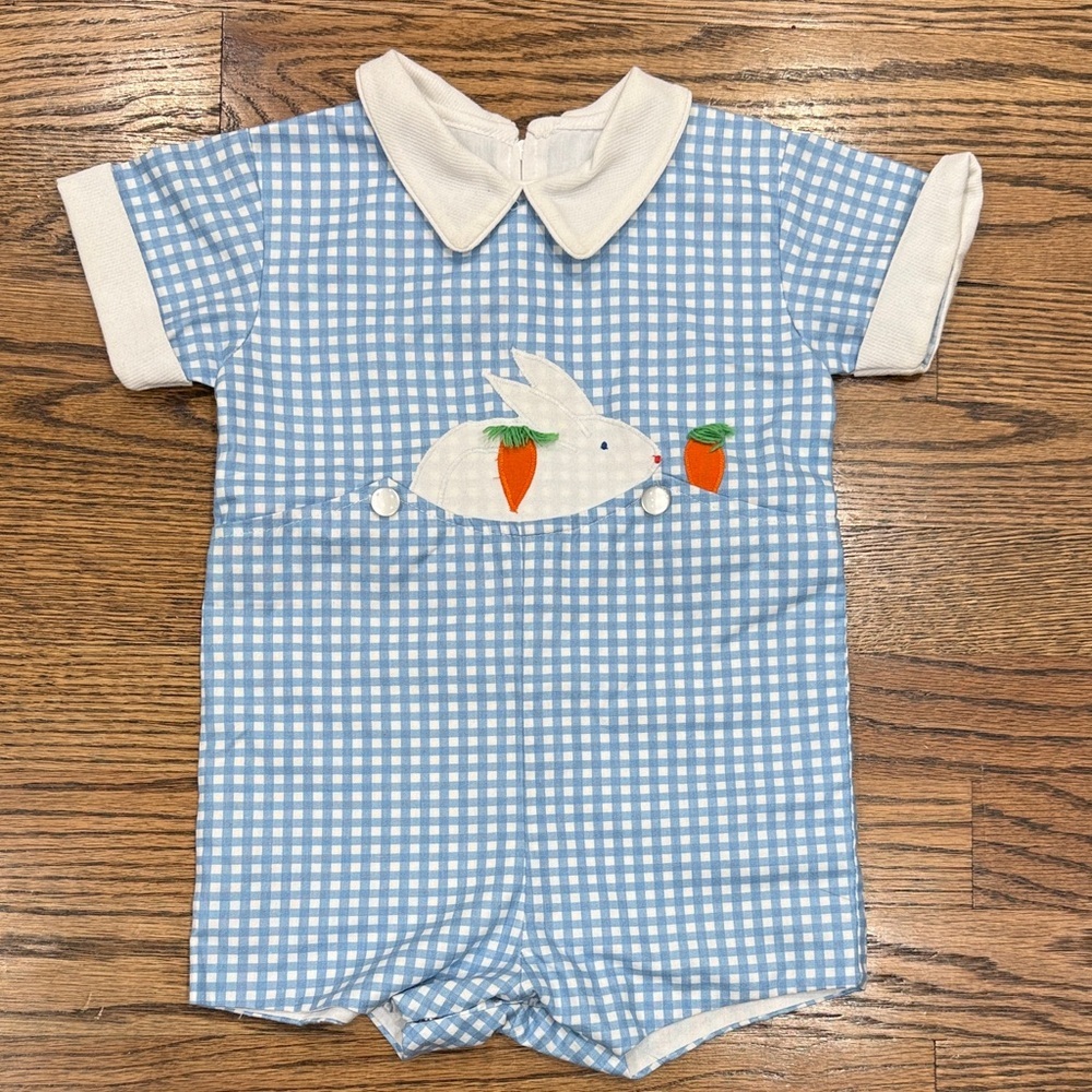 Vintage Easter Blue Gingham Baby Romper with Bunny Design Size 18M
